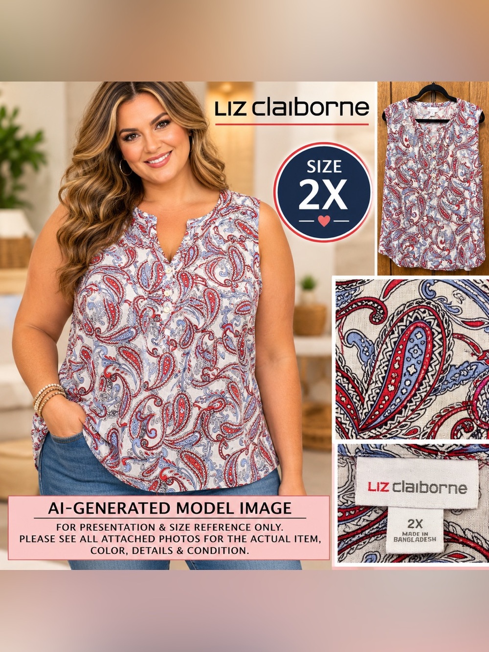 Liz Claiborne Linen Cotton Paisley Sleeveless Blouse Size 2X